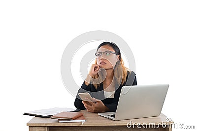 Business woman thought while working with her laptop isolated o Stock Photo