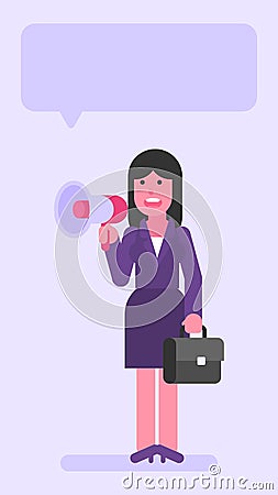 Business woman three quarters face holding megaphone and suitcase Vector Illustration