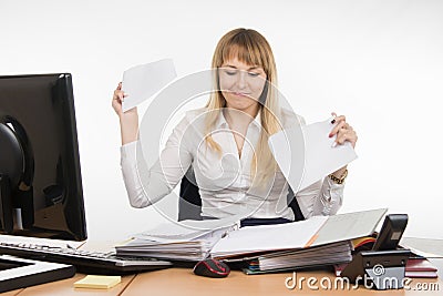 Business woman torn paper document Stock Photo