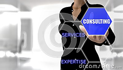 Business woman touching the Consulting button of a virtual touch screen Stock Photo