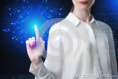 Business woman touching virtual screen Stock Photo