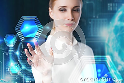 Business woman touching virtual screen Stock Photo