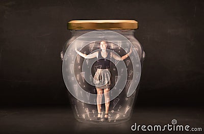 Business woman trapped in jar with exclamation marks concept Stock Photo