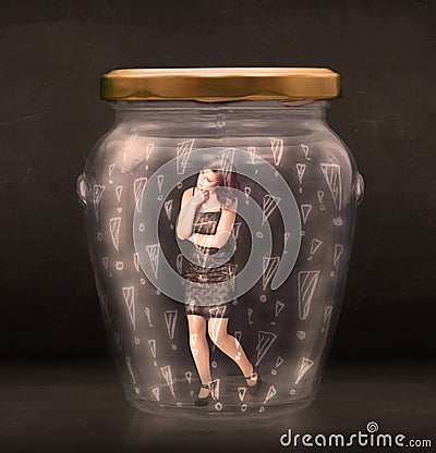 Business woman trapped in jar with exclamation marks concept Stock Photo