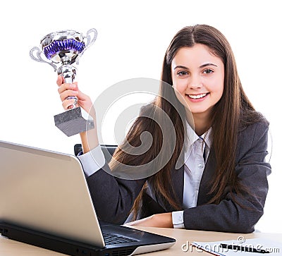 Business woman with trophy Stock Photo