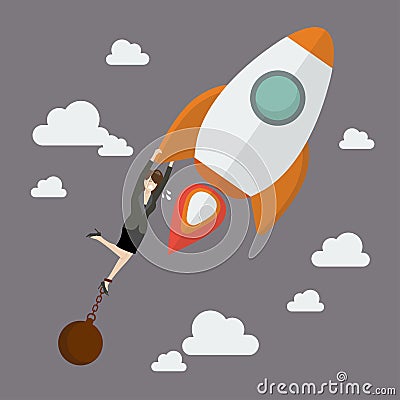 Business woman try hard to hold on a rocket with debt burden Vector Illustration