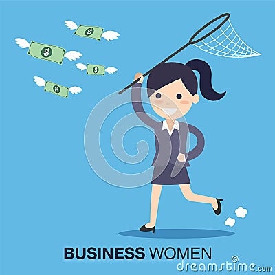 Business woman trying to catch money Vector Illustration