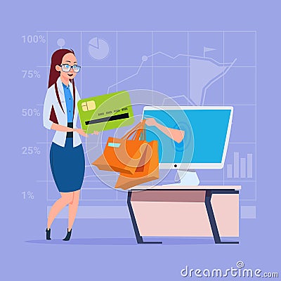 Business Woman Use Computer Online Shopping Bag Hand Screen Buying Through Internet Commerce Vector Illustration