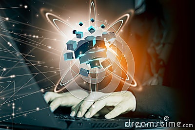 Business woman use laptop computer with a cube symbol of modernity,and innovation with new concepts floating,technology change Stock Photo