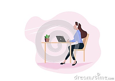 A business woman using a laptop computer sitting at a table wearing headphones To relax work process woman cartoon character flat Vector Illustration