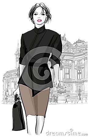 Business woman walking in front of Opera, Paris Vector Illustration