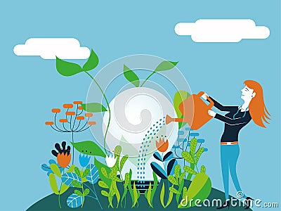 Business woman watering a light bulb - Vector illustration for concept of make growing a good and ecological idea Vector Illustration