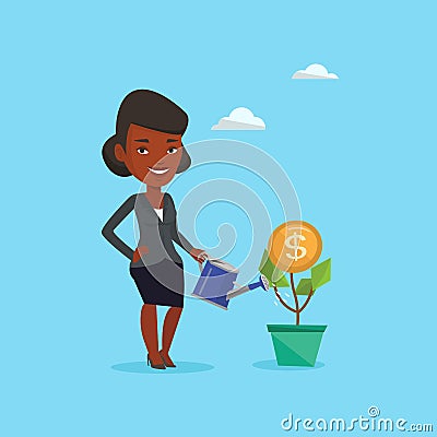 Business woman watering money flower. Vector Illustration