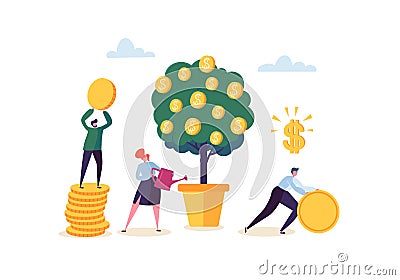 Business Woman Watering a Money Plant. Characters Collecting Golden Coins from Money Tree. Financial Pofit, Investment Vector Illustration