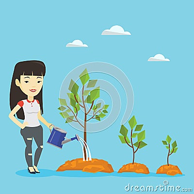 Business woman watering trees vector illustration. Vector Illustration