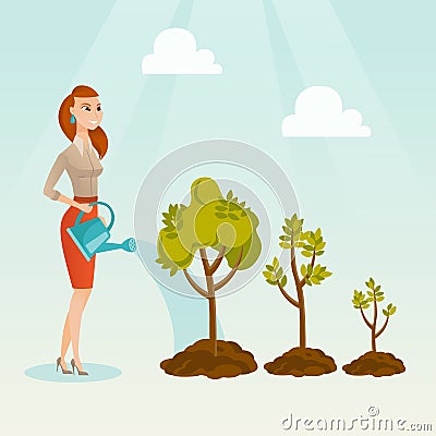 Business woman watering trees vector illustration. Vector Illustration