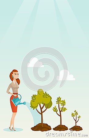 Business woman watering trees vector illustration. Vector Illustration