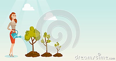 Business woman watering trees vector illustration. Vector Illustration