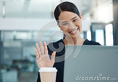 Business woman, waves on laptop video conference call during online staff meeting for office employees working from home Stock Photo