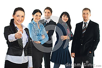 Business woman welcome sign hand gesture Stock Photo