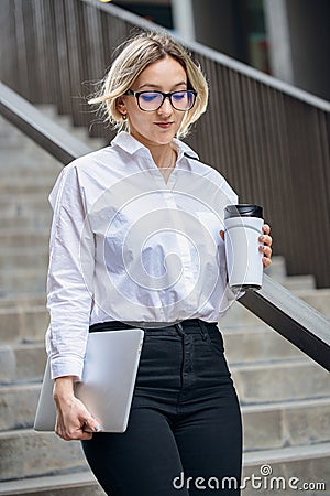 White collar woman with coffee Stock Photo