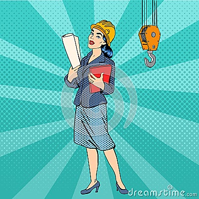 Business Woman. Woman Engineer. Woman in Helmet with Documents. Vector Illustration