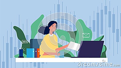 Business woman at work. Financier girl, successful investment. Freelance and work at home, happy manager at the computer Vector Illustration