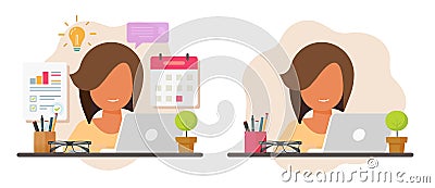 Business woman working busy entrepreneur multitasking icon vector graphic illustration, girl female person workload multi task on Vector Illustration