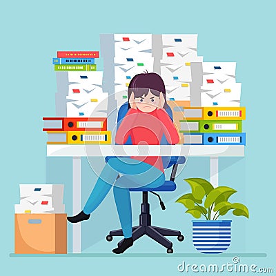 Business woman working at desk. Pile of paper, busy businesswoman with stack of documents in carton, cardboard box, help sign. Vector Illustration