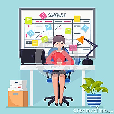 Business woman working at desk Planning schedule on task board concept. Planner, calendar on whiteboard. List of event for Vector Illustration