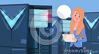 Business Woman Working On Digital Tablet In Modern Database Center Or Server Room Businesswoman Engeneer Vector Illustration