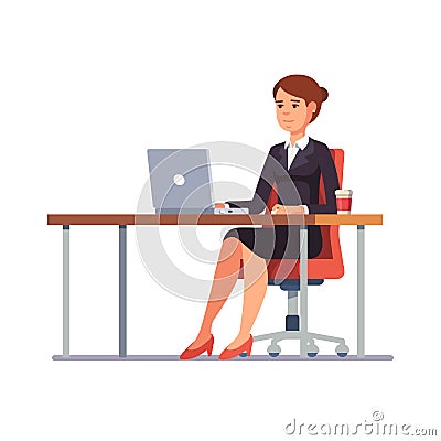 Business woman working at her clean office desk Vector Illustration