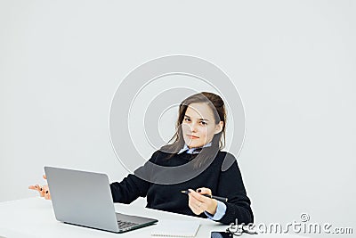 Business woman working on laptop online finance in office Stock Photo