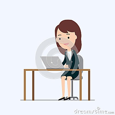 Business woman working on laptop and table Vector Illustration