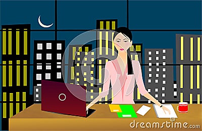 Business woman working late night Vector Illustration