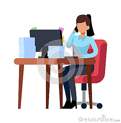 Business woman works in office. Professional elegant lady talk on phone at desk, vector working businesswoman Vector Illustration