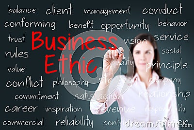 Business woman writing business ethic concept. Blue background. Stock Photo