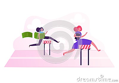 Business Women Characters Running on Stadium with Barriers Holding Money and Document in Hands Vector Illustration