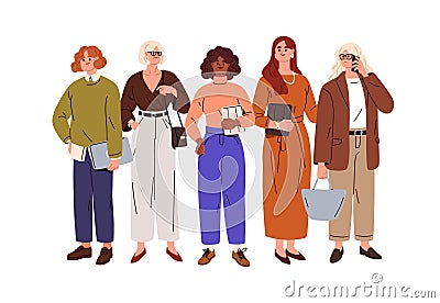 Business women, diverse female entrepreneurs. Businesswomen group standing in row. Stylish office workers, employees Vector Illustration