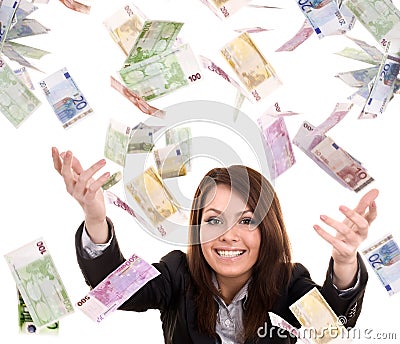 Business women with flying money. Stock Photo