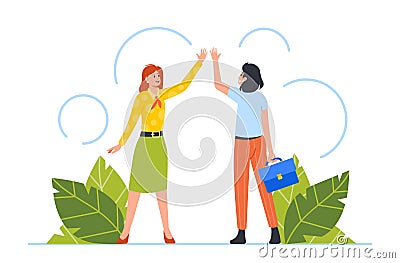 Business Women Giving High Five To Each Other. Business Teamwork, Successful Deal, Command Agreement Concept Vector Illustration