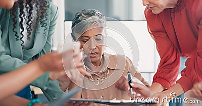 Business, woman and multitasking with stress, phone call or deadline for project, team and office. Female employee Stock Photo