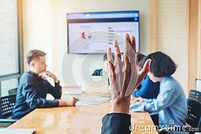 Business women raised hand business seminar , business meeting concept Stock Photo