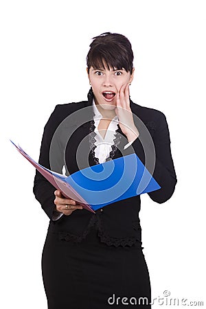 Business women is shocked by the finances report. Stock Photo