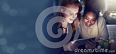 Business women, tablet and bokeh mockup at night with collaboration and teamwork. Company staff, technology work and web Stock Photo