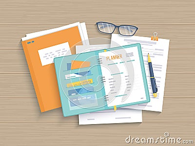 Business wooden table with open notebook, planner, documents. Work, analysis, research, planning, management. Vector Illustration