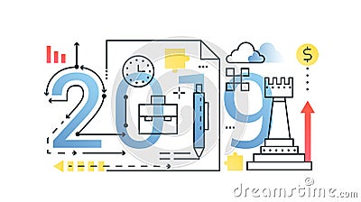 Business 2019 word trendy composition concept banner. Outline stroke finance, money, strategy, planning. Flat line icons Vector Illustration