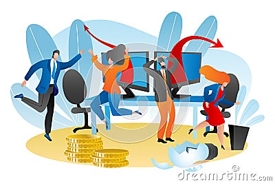 Business work problem, vector illustration. Man woman people character stressed about crisis, broken lamp idea, falling Vector Illustration