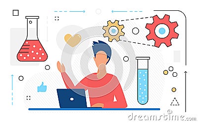 Business work research, creative science process development, researcher with laptop Vector Illustration