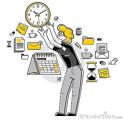Business worker planning tasks and create time management vector outline illustration, productivity multitask prioritization, Vector Illustration